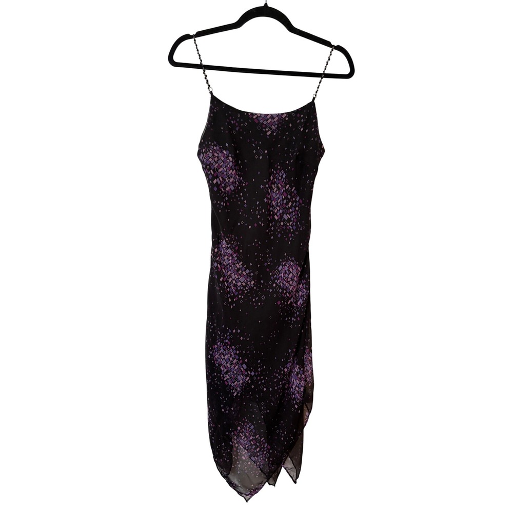Vintage Y2K Black Purple Geometric Beaded Strap Handkerchief Hem Dress S Chiffon